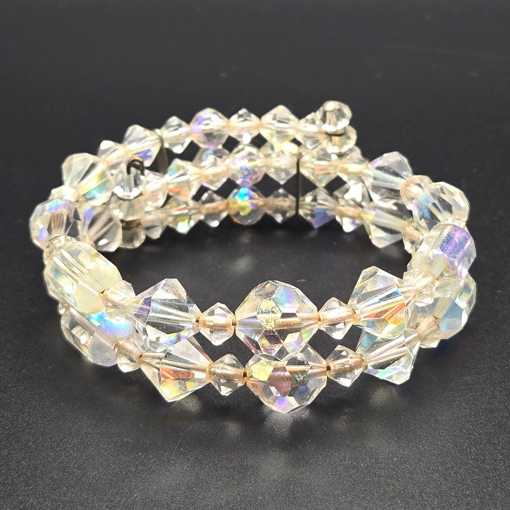 Sparkly Crystal Memory Coil Bracelet Aurora‎ Borealis AB Beads Stretchy Bangle